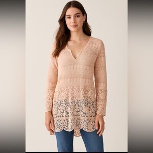 Sundance Peach Crochet Lace Tunic Top Blouse Medium Boho Festival Sheer Layering